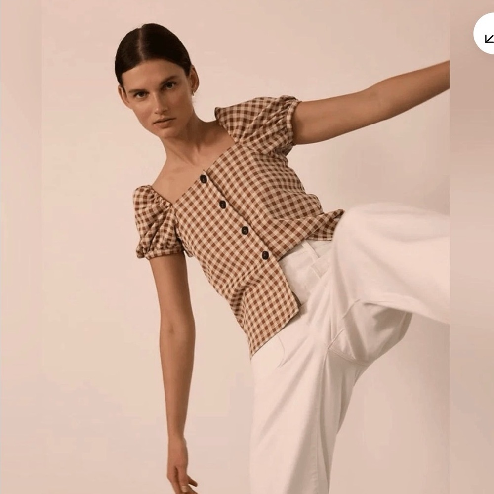 Madewell Yellow-Brown Gingham Puff Sleeve Top